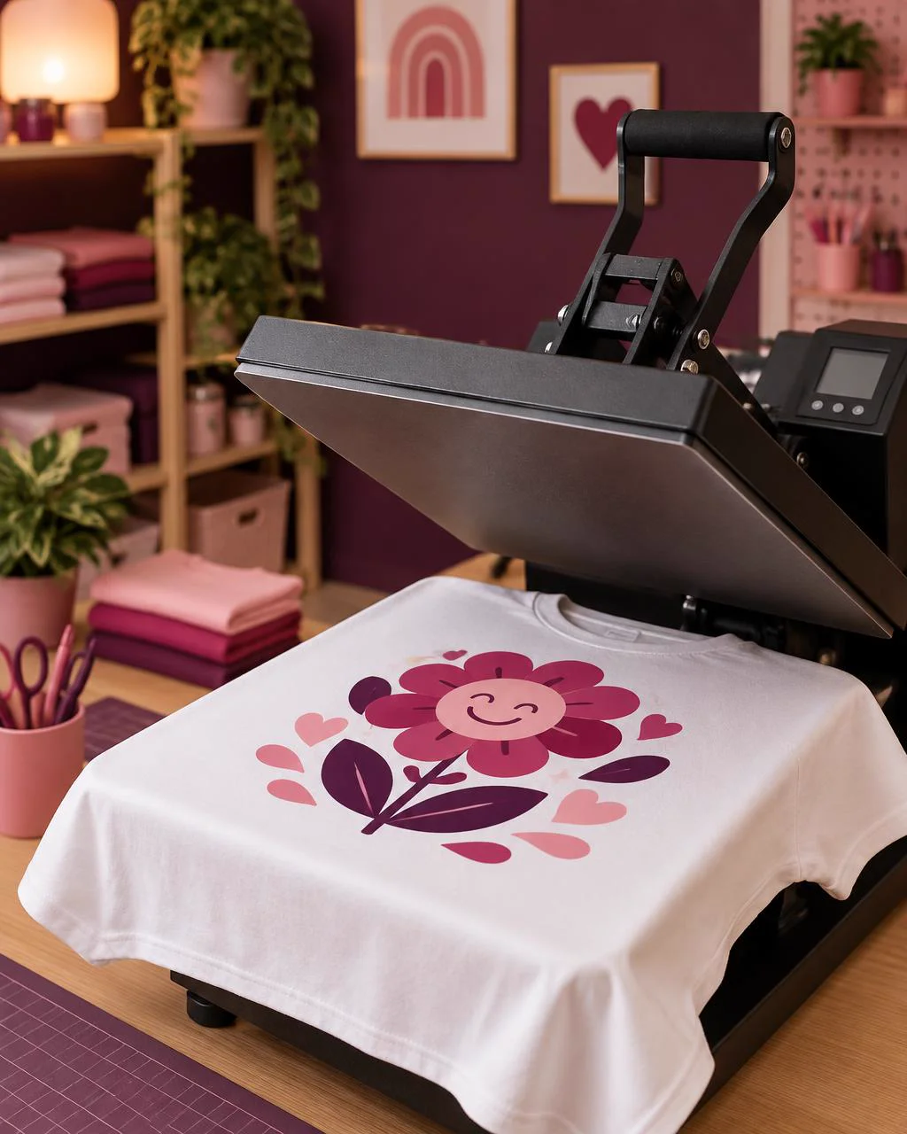 A custom design being heat pressed onto a white t-shirt