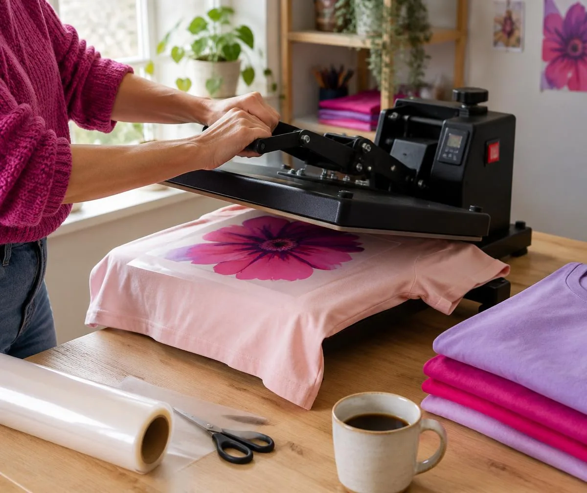 A custom t-shirt being pressed at the heat press in Ami's studio